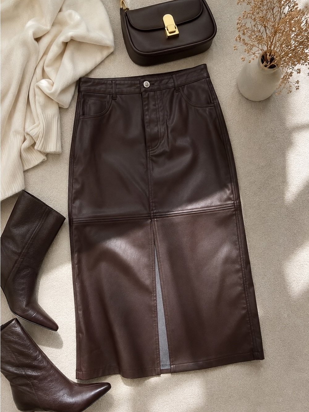 NWT Max Studio London Brown Faux Leather Midi Pencil Skirt Size L